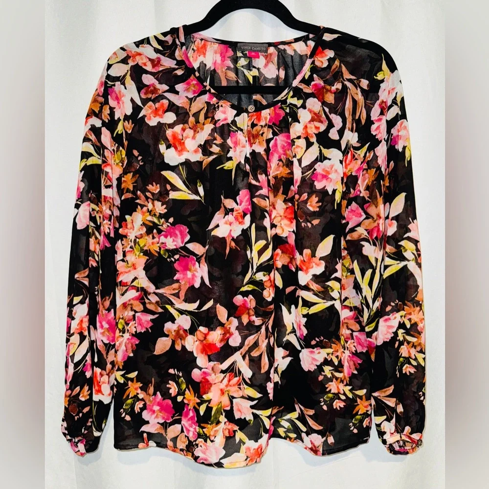 Lot 2 Vince Camuto Tops Red Dot Black Floral Sheer V-neck Blouse Dressy Career M - Picture 8 of 14